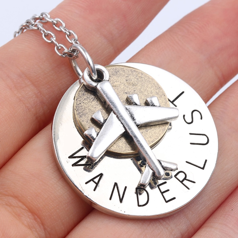Vintage-like wanderlust necklace w/airplane charm